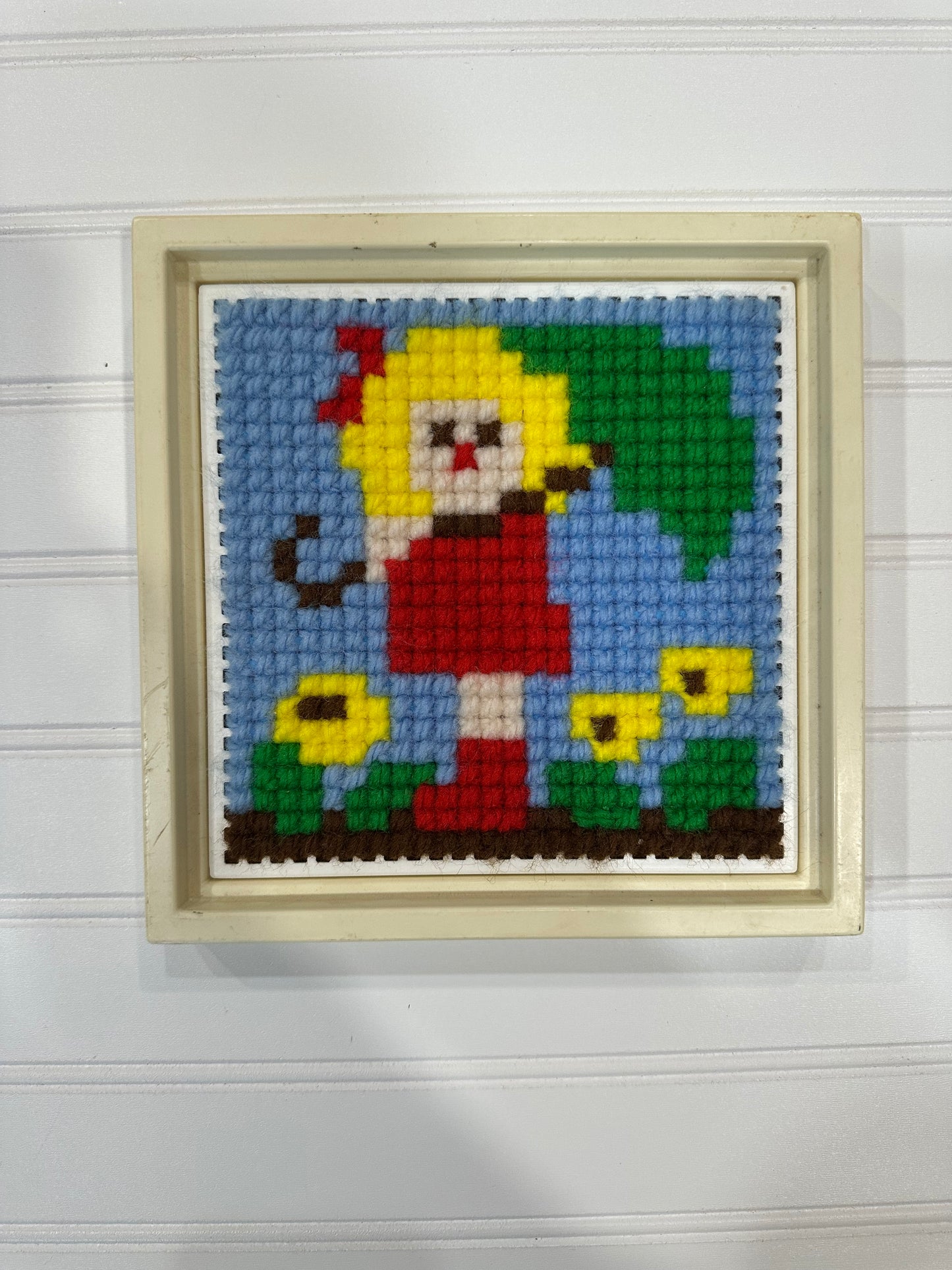 Vintage girl yarn needlepoint