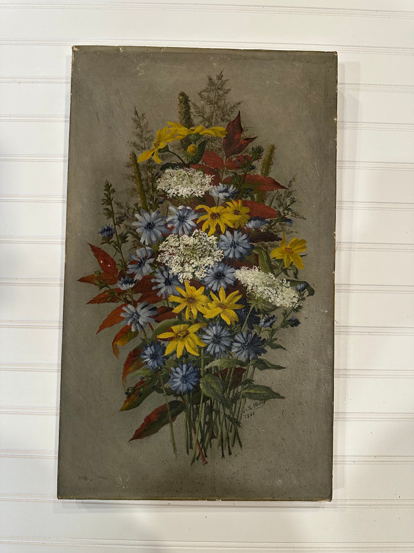 Antique moody floral still life oil painting