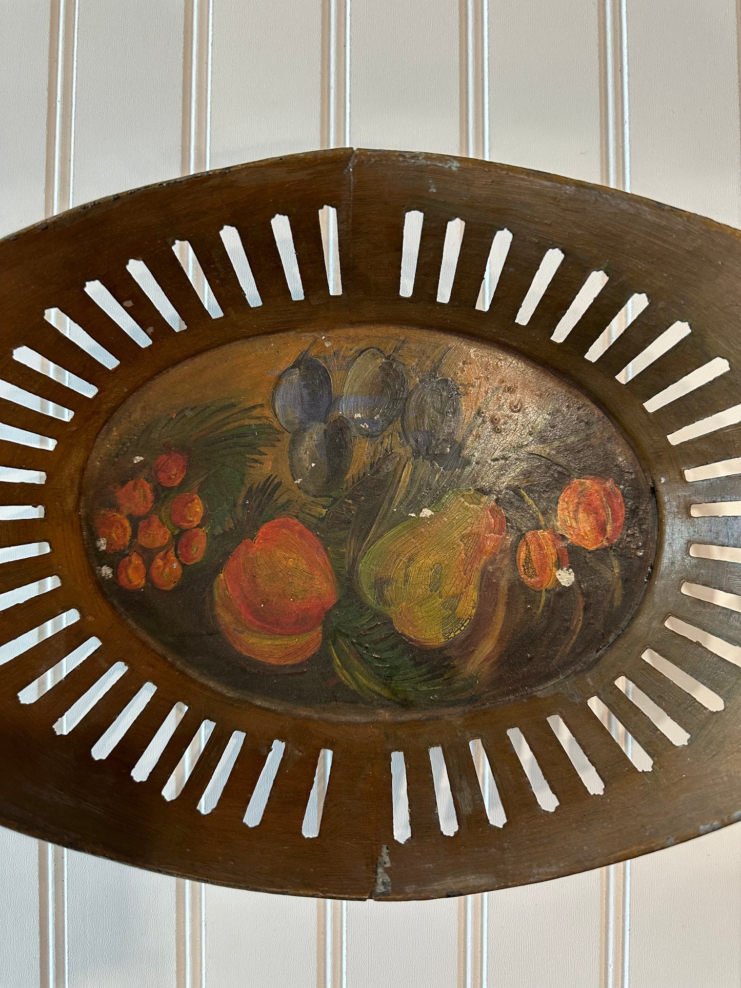 Hand painted metal bowl with still life image