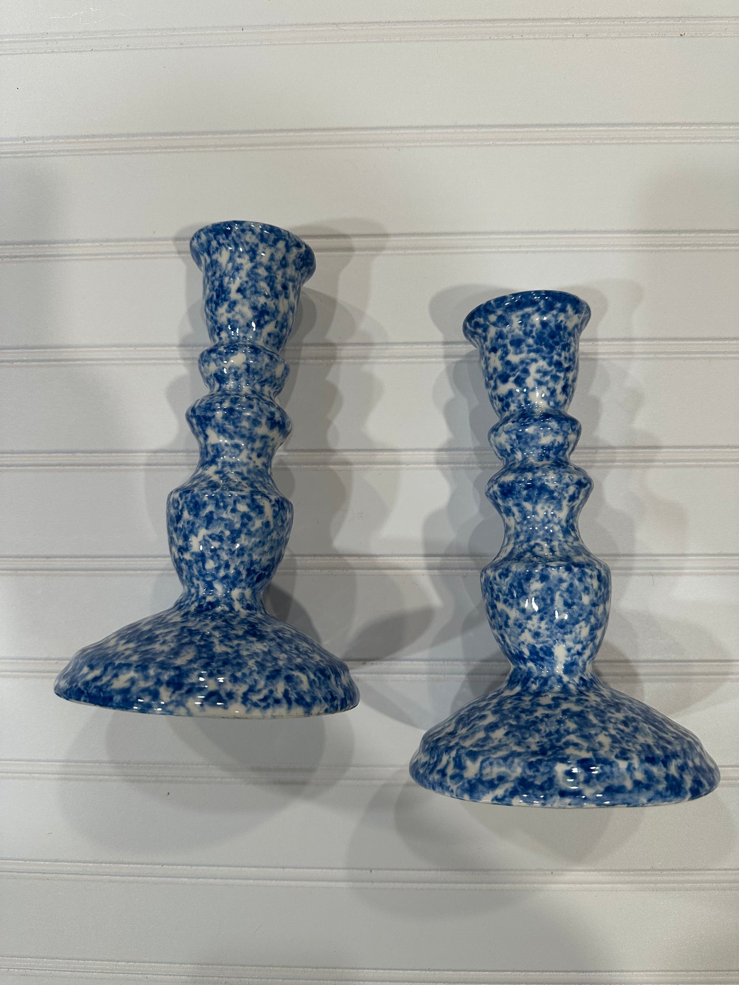 Pair of blue and white spongeware taper holders