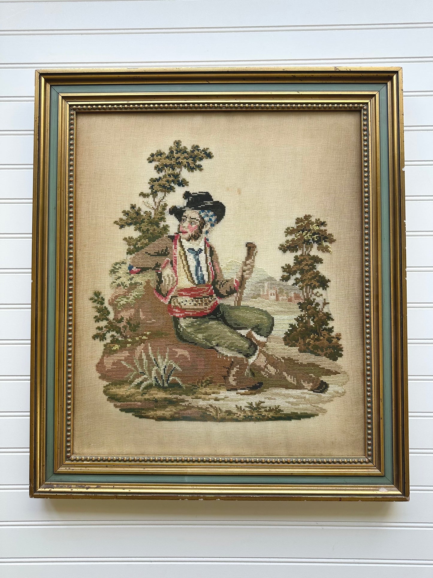 Antique framed Irishman needlepoint
