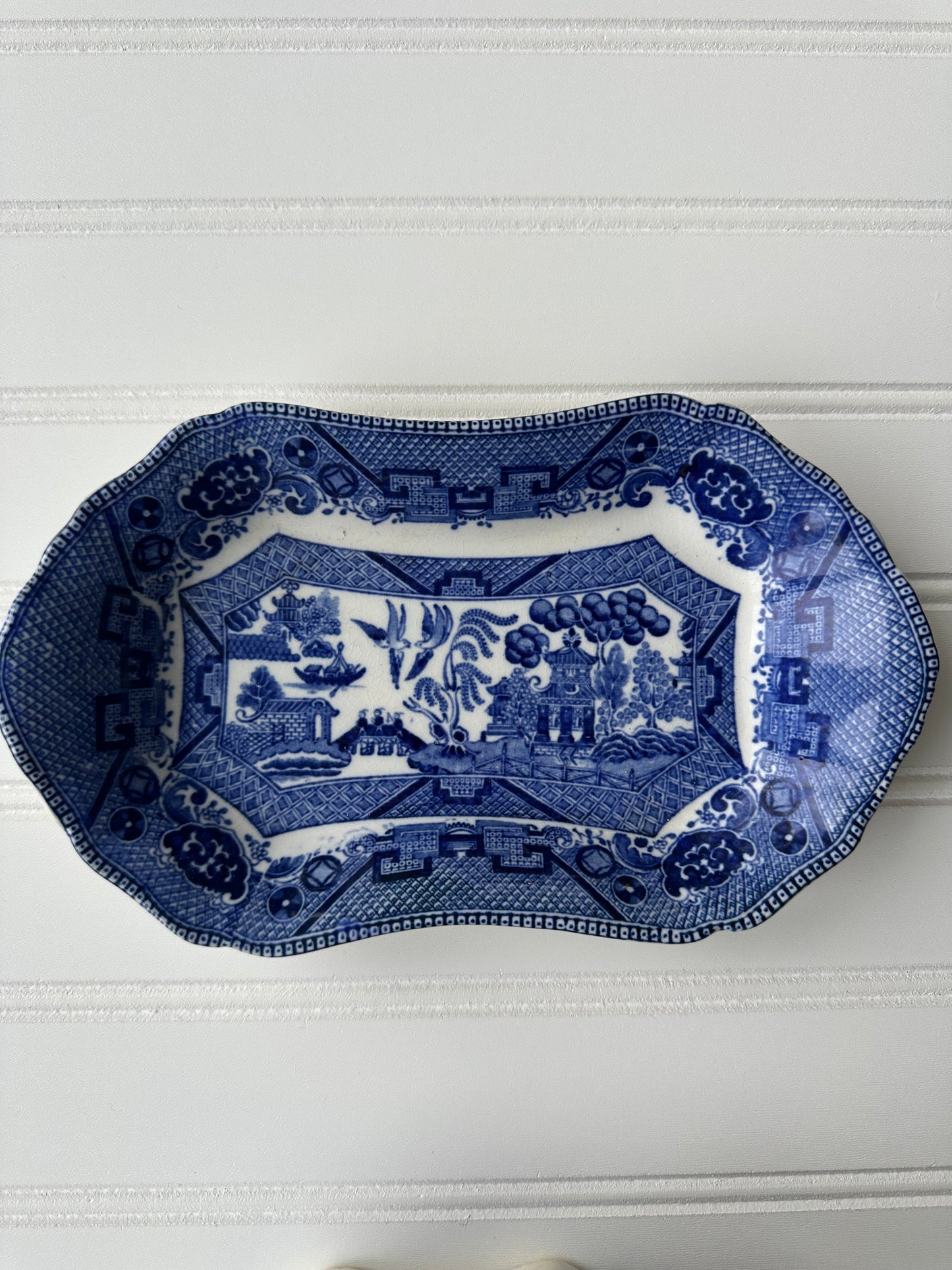 Blue Willow Buffalo China antique gravy boat and plate rest