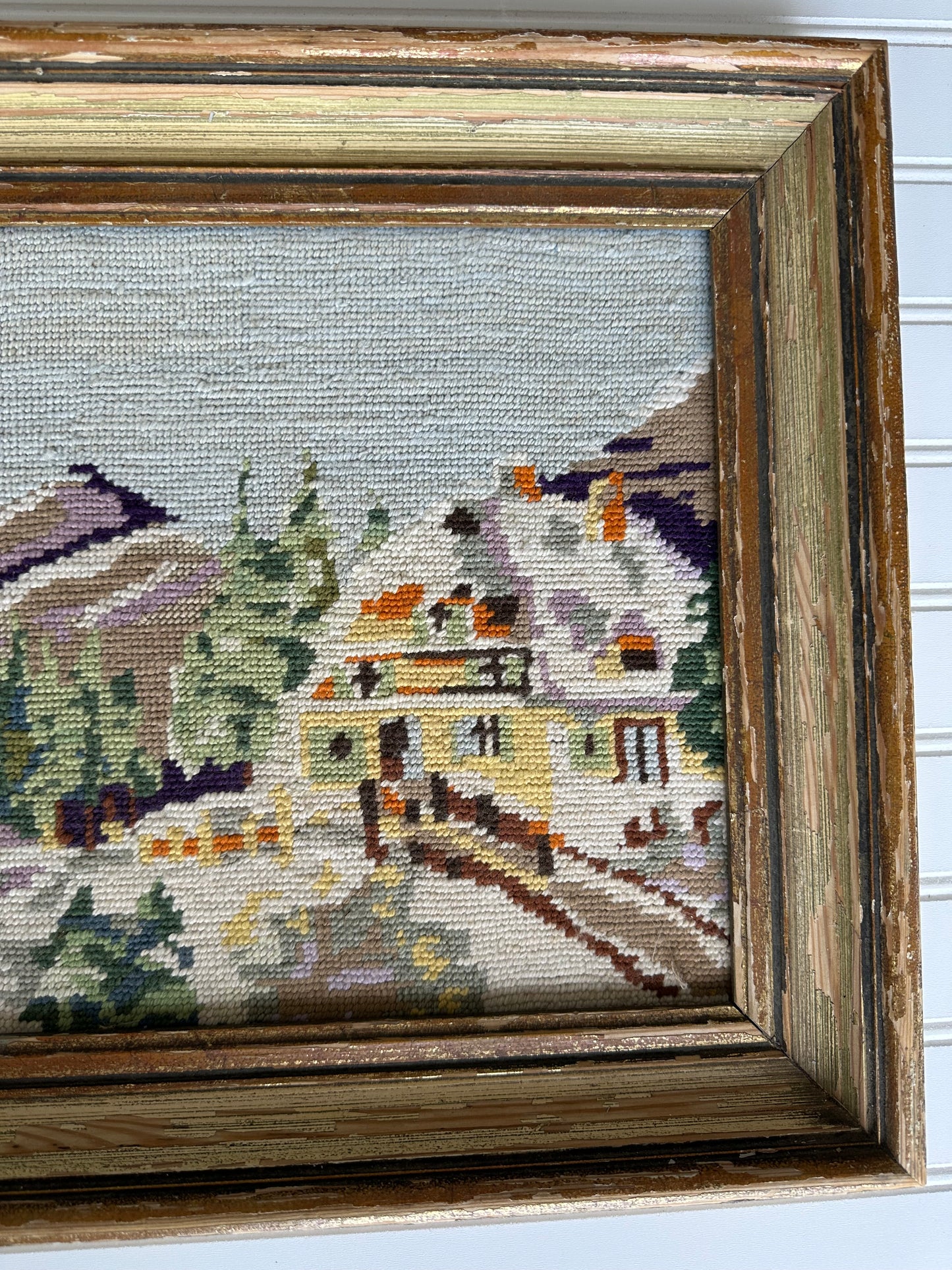 Vintage framed winter chalet and mountain scene needlepoint