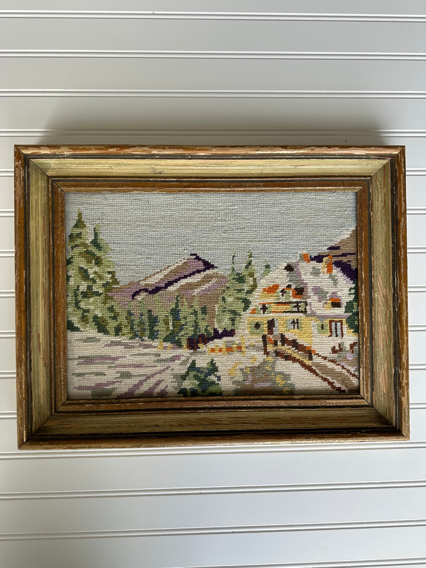 Vintage framed winter chalet and mountain scene needlepoint