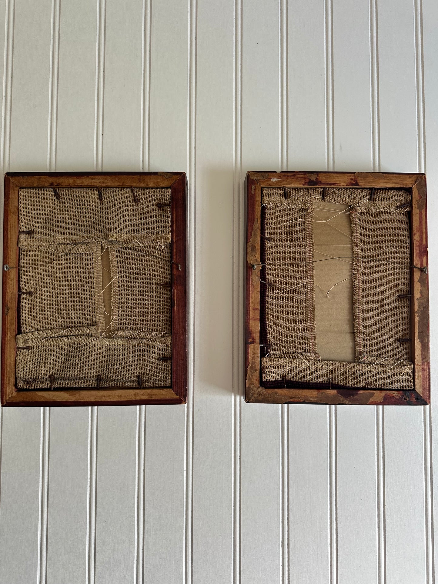 Pair of framed vintage man and woman needlepoints