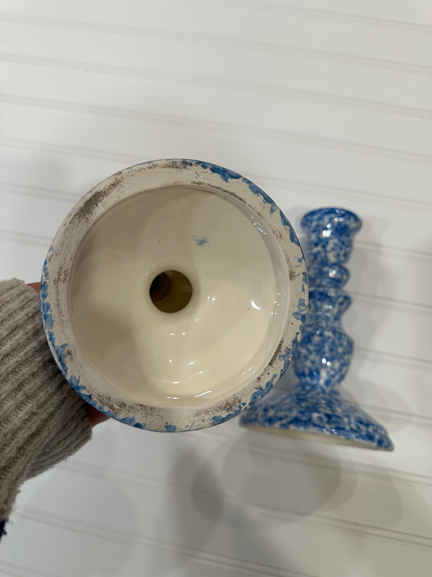 Pair of blue and white spongeware taper holders