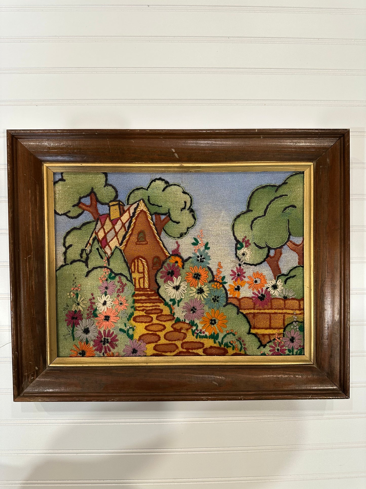 Vintage framed cottage crewel embroidery