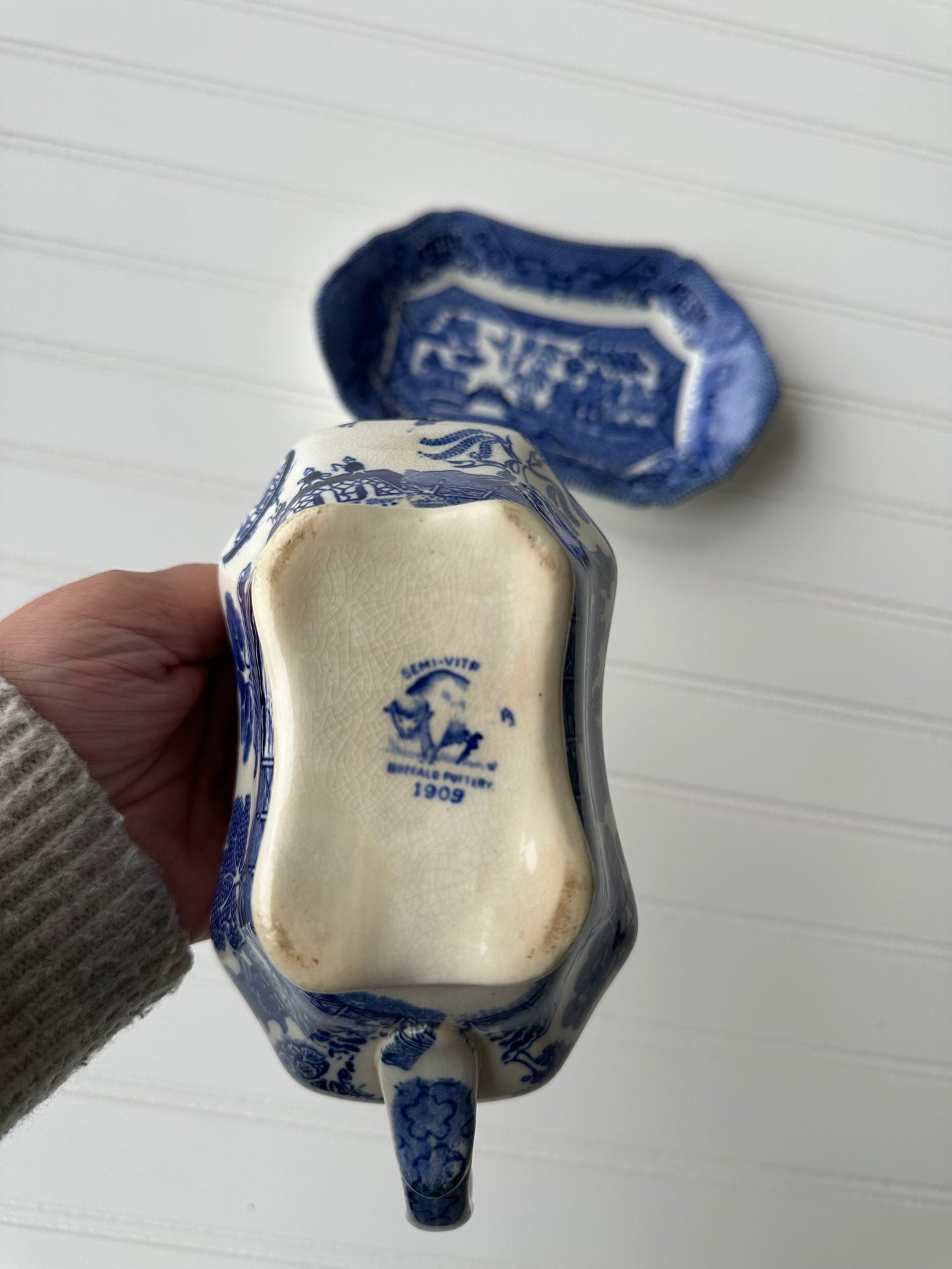 Blue Willow Buffalo China antique gravy boat and plate rest