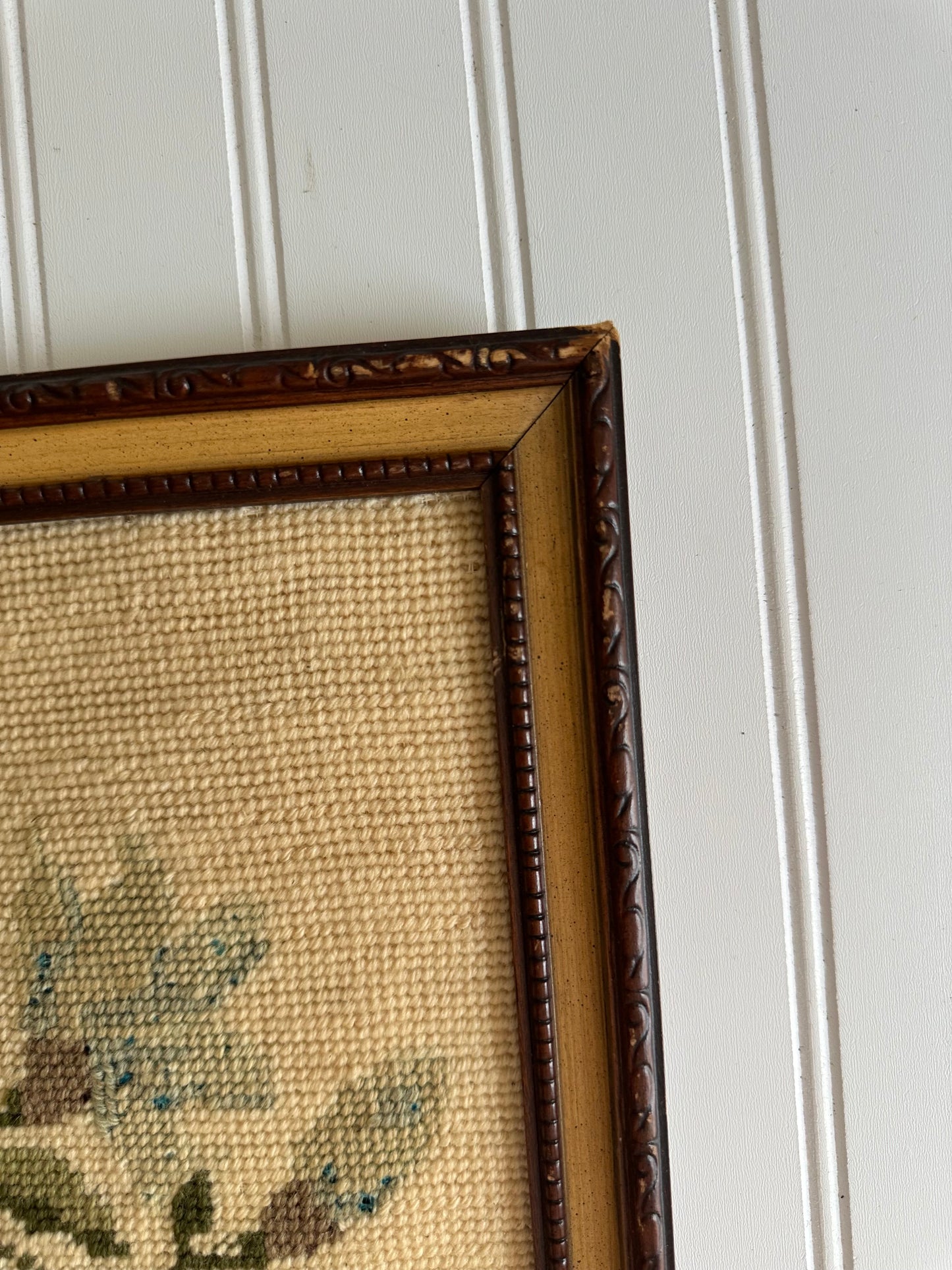 Vintage blue and green floral framed needlepoint
