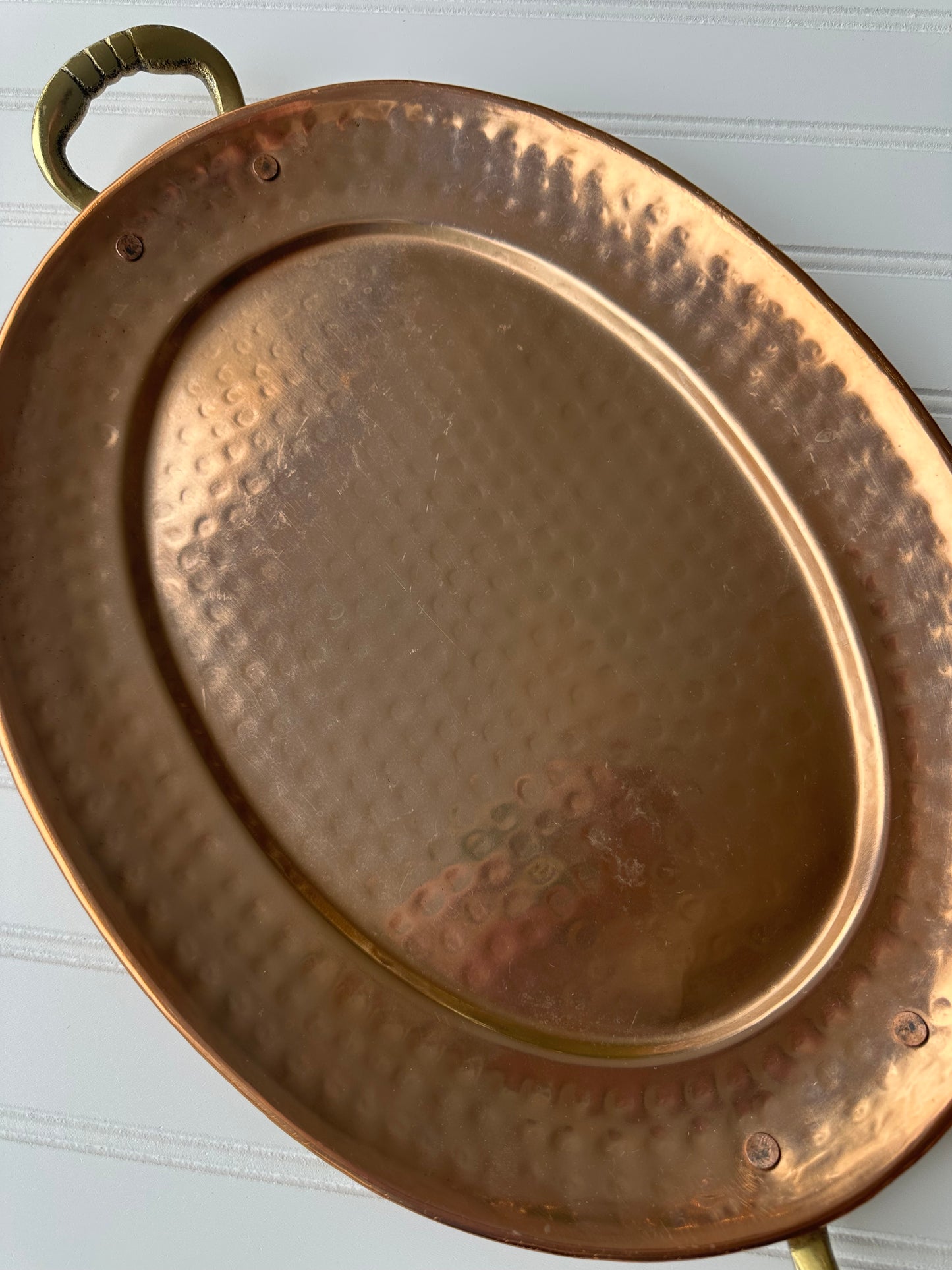 Hammered copper tray with brass handles