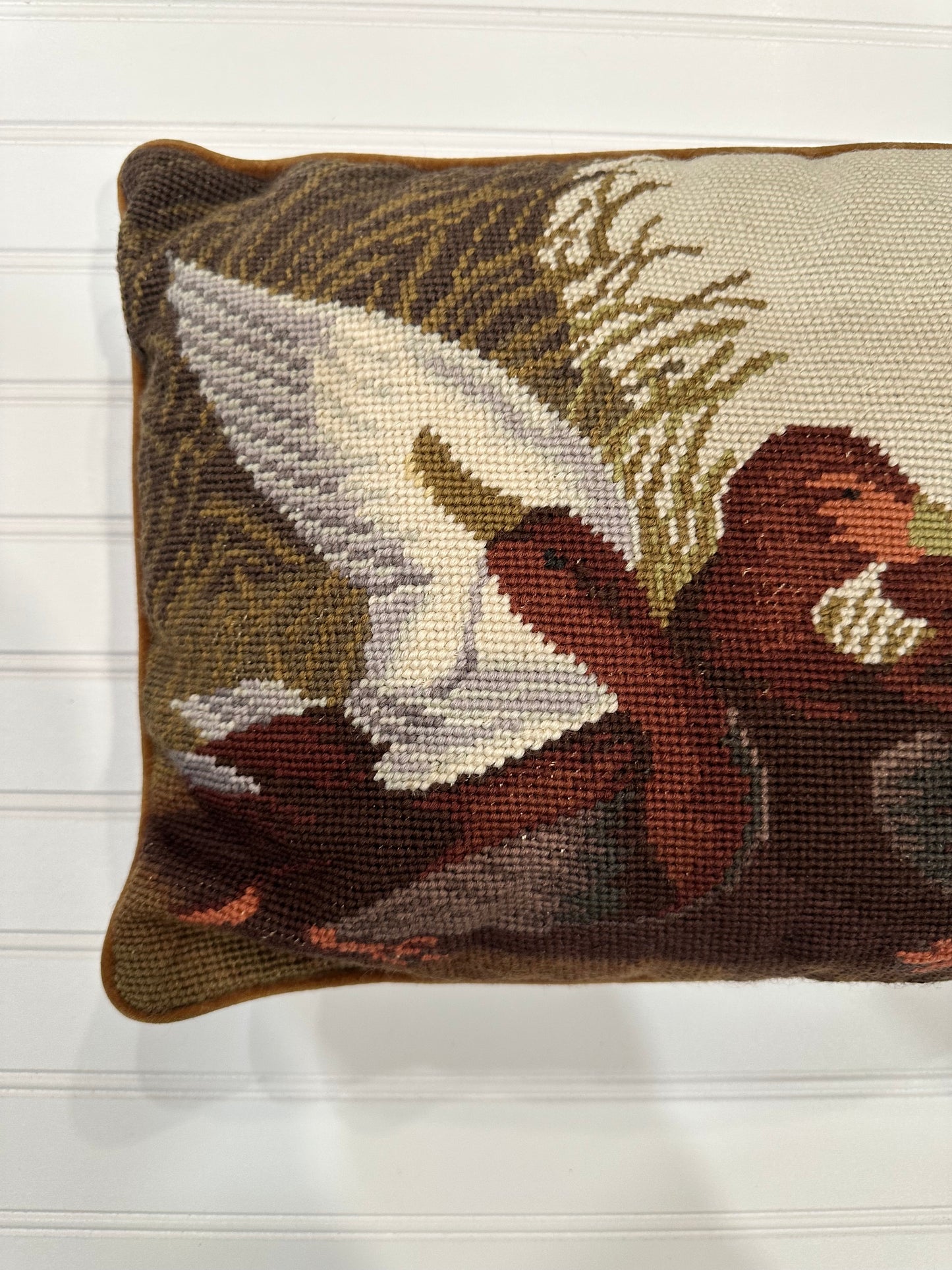 Vintage needlepoint duck pillow with velvet back
