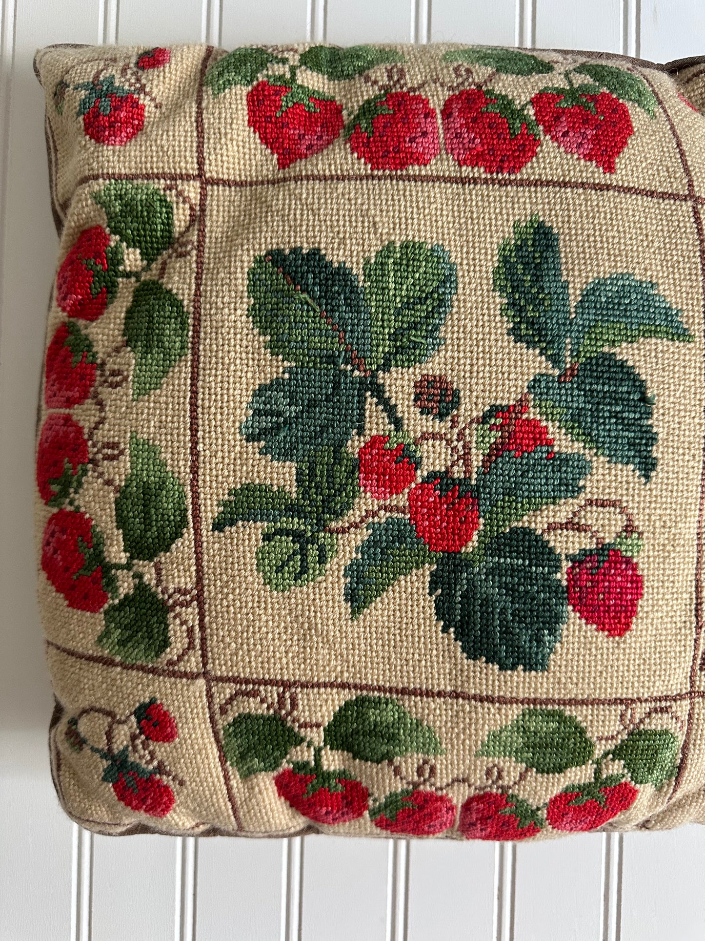 Vintage strawberry needlepoint pillow