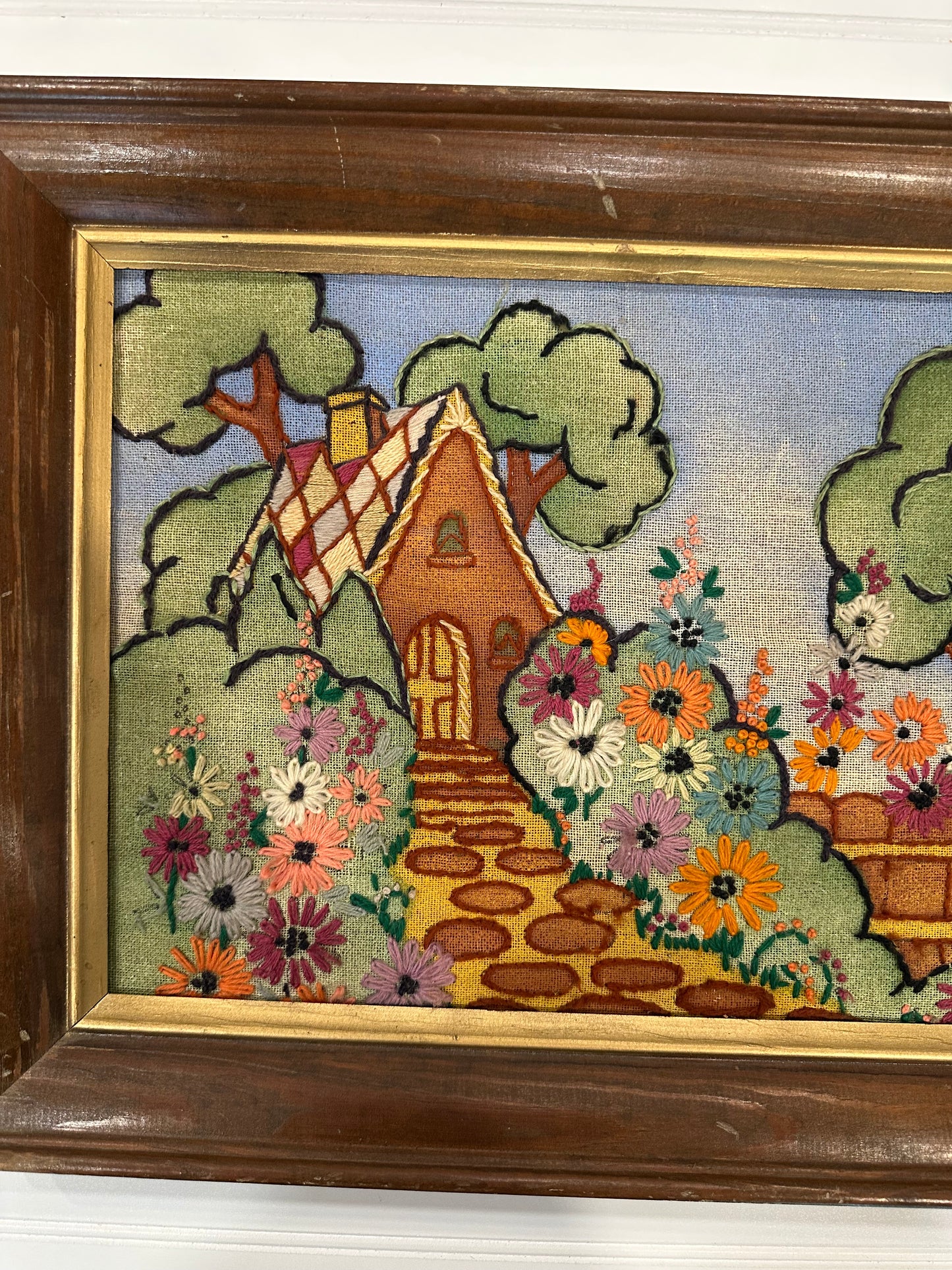 Vintage framed cottage crewel embroidery