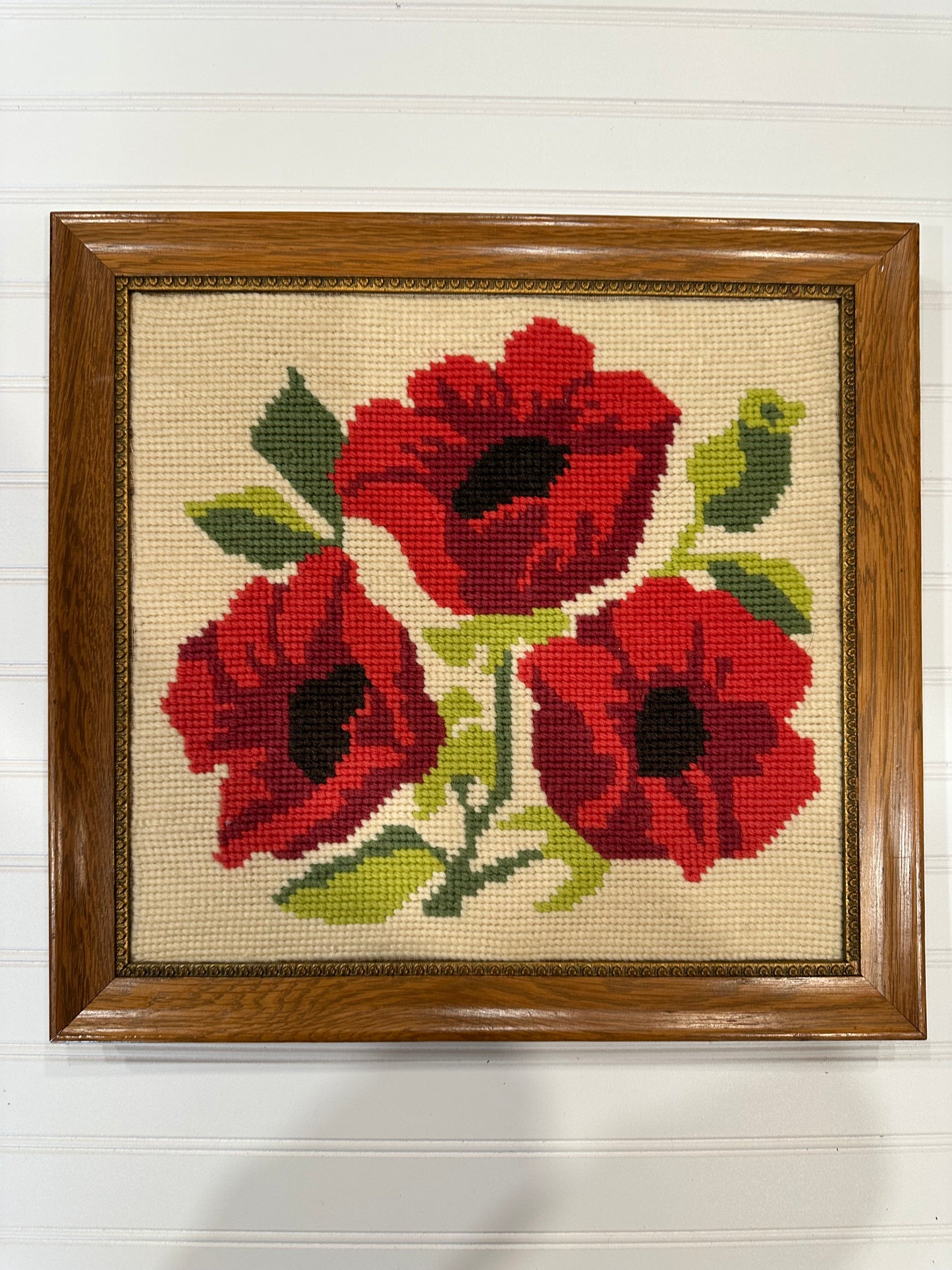 Vintage framed poppy needlepoint