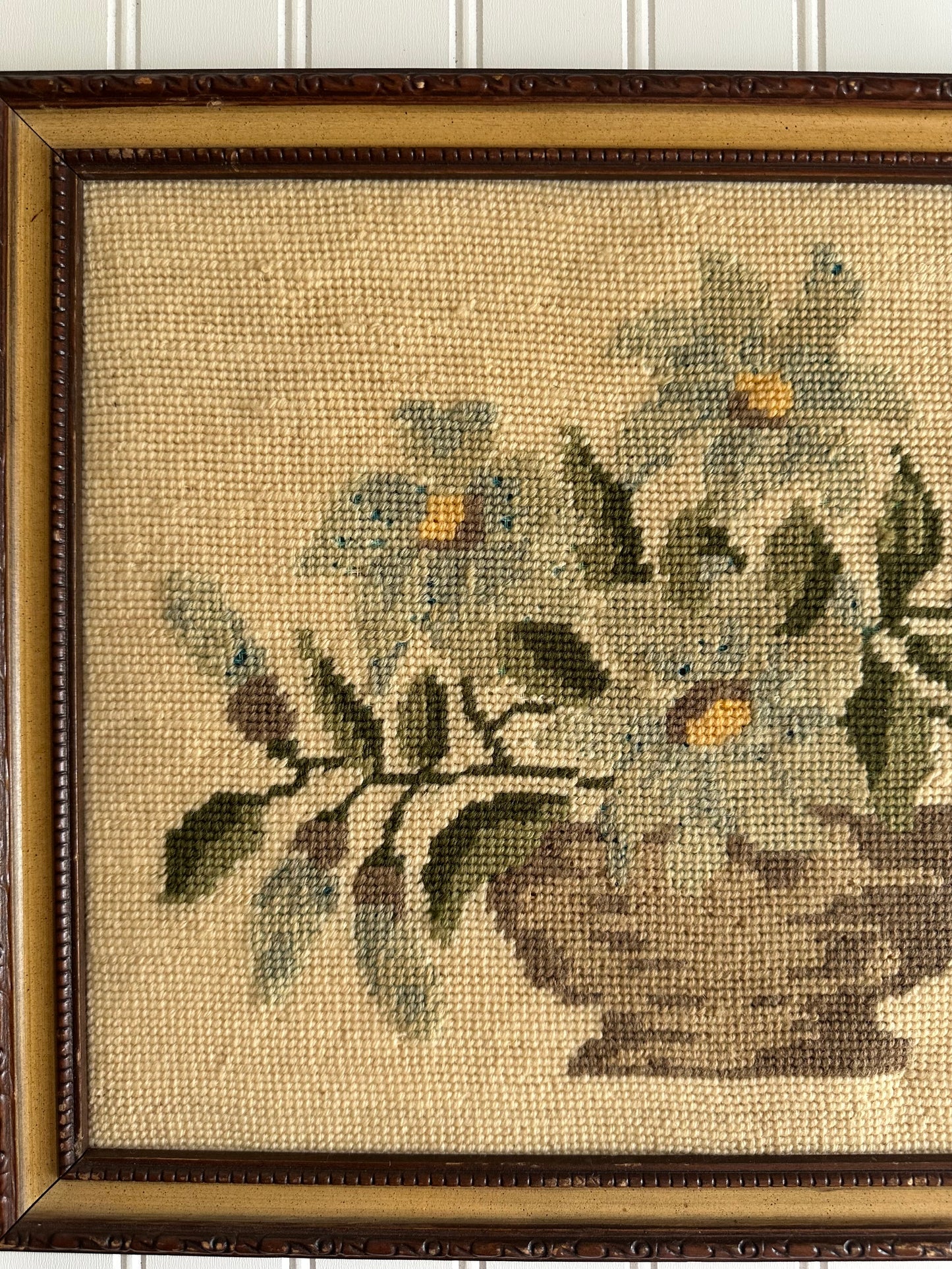 Vintage blue and green floral framed needlepoint