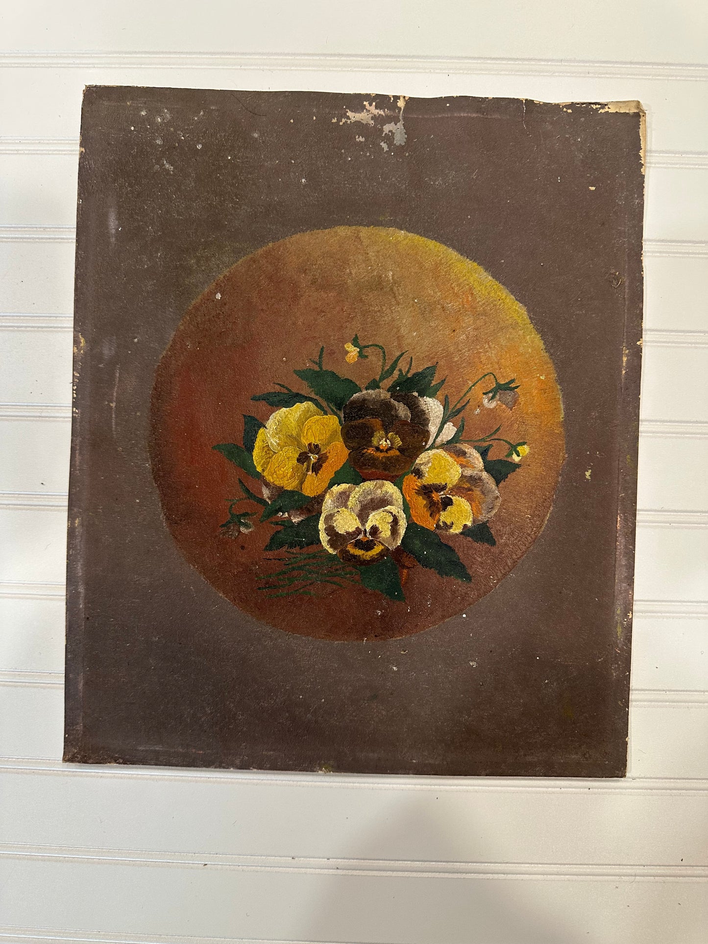 Vintage moody pansy painting on board
