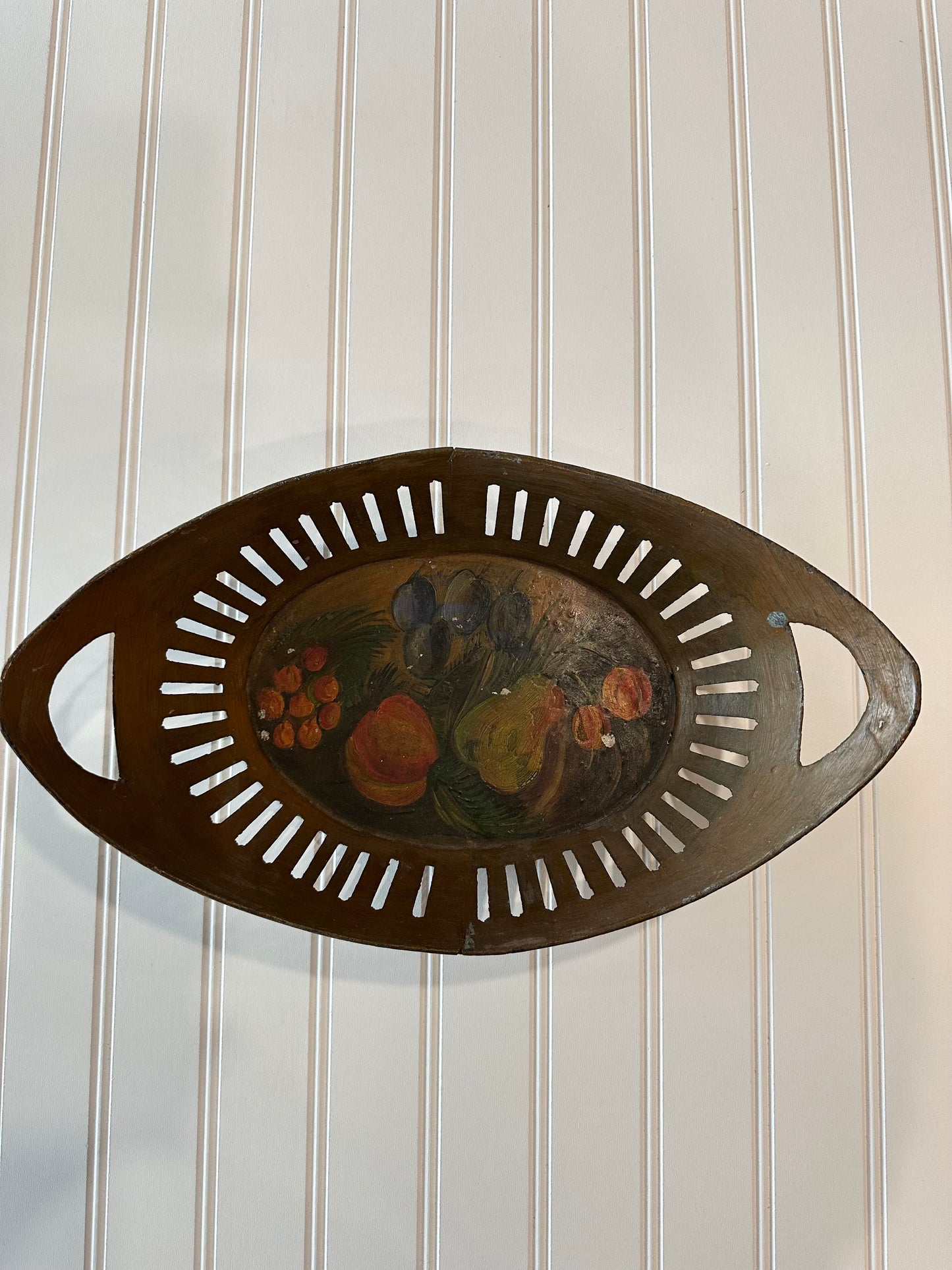 Hand painted metal bowl with still life image