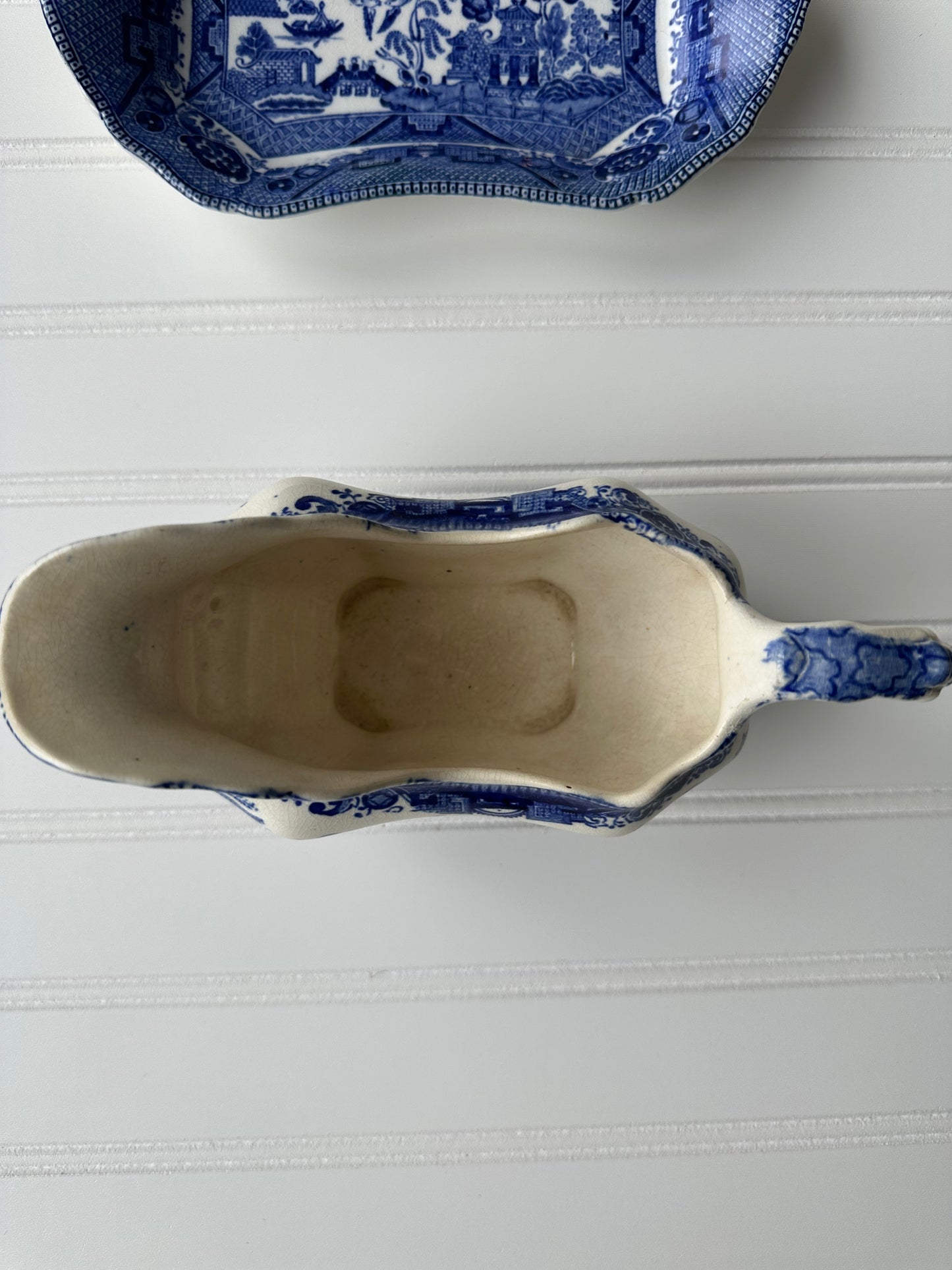 Blue Willow Buffalo China antique gravy boat and plate rest