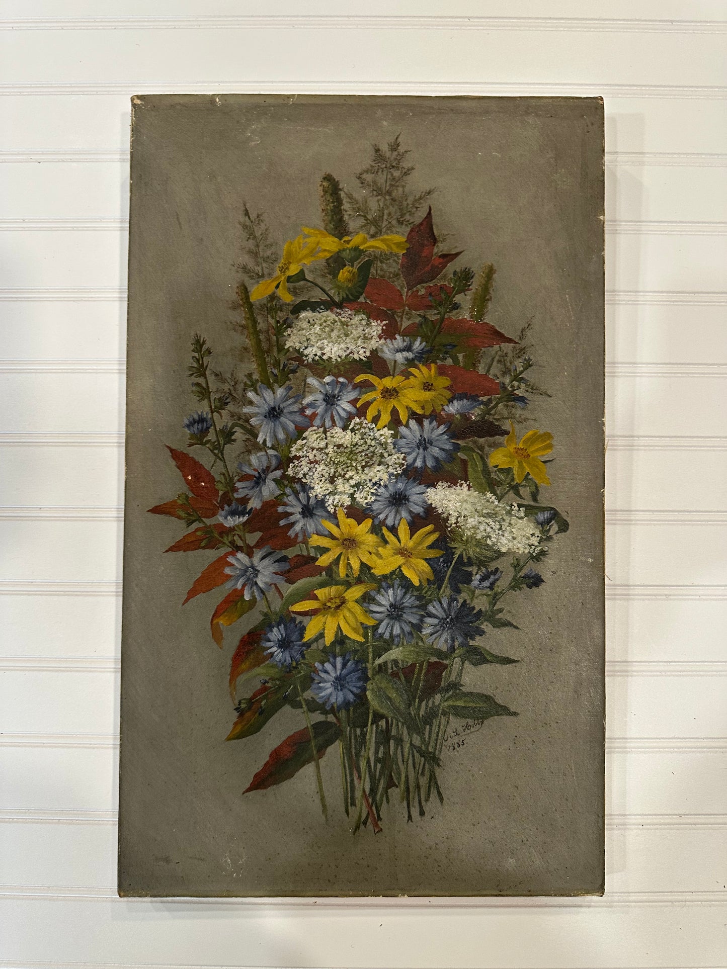 Antique moody floral still life oil painting
