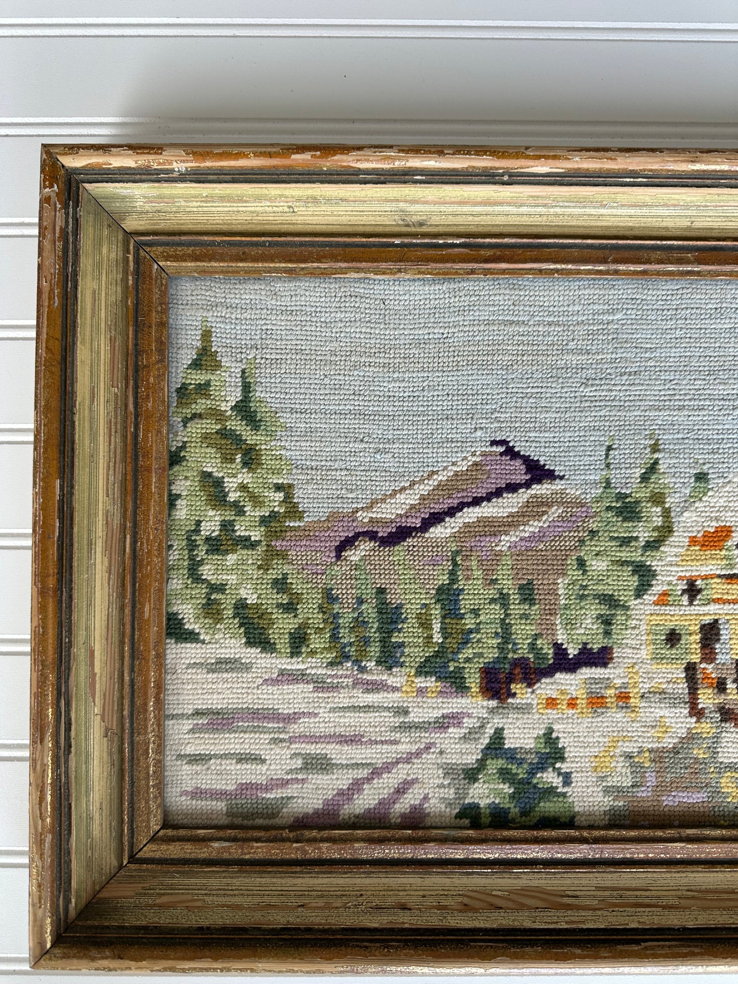 Vintage framed winter chalet and mountain scene needlepoint