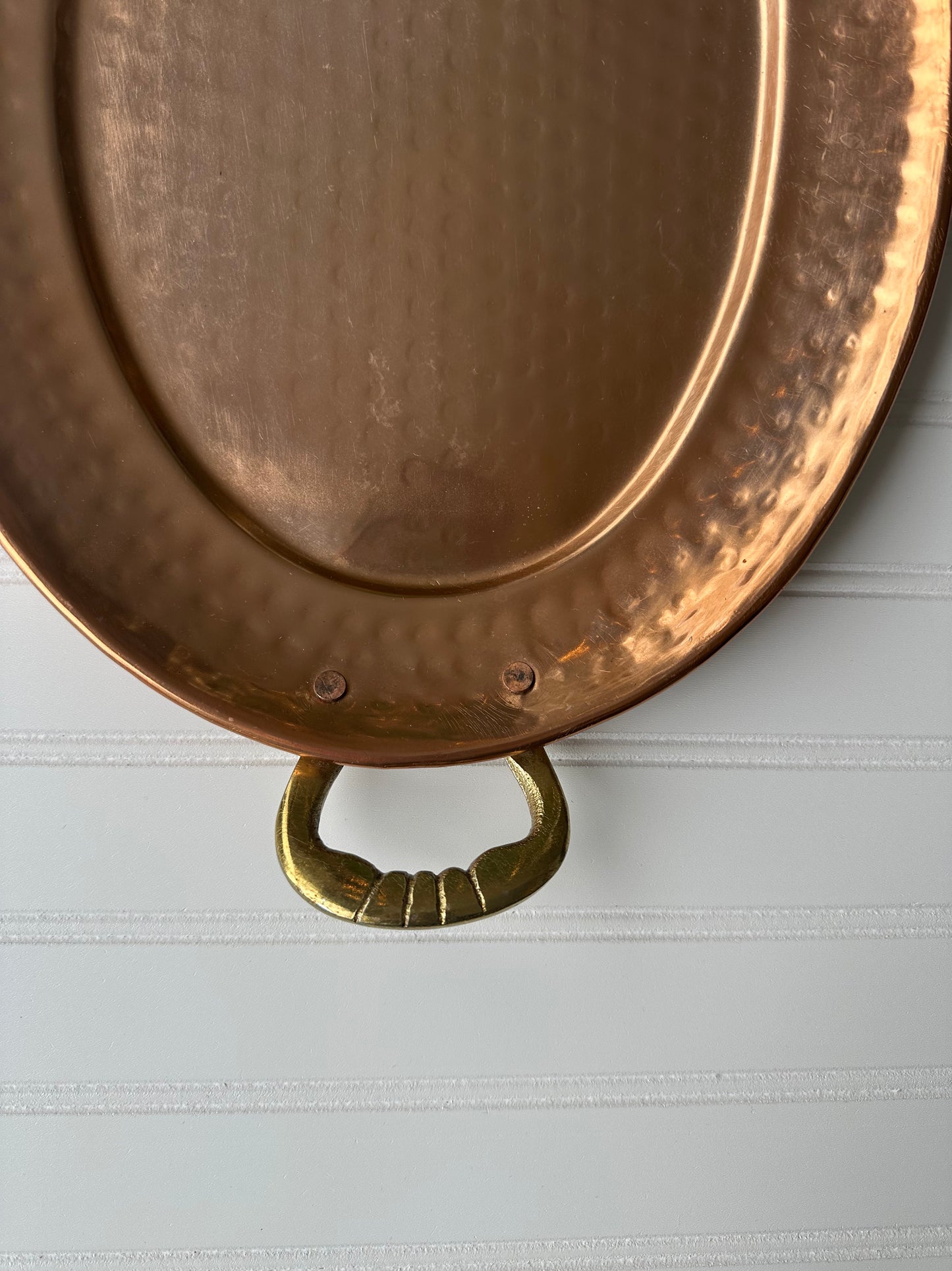 Hammered copper tray with brass handles