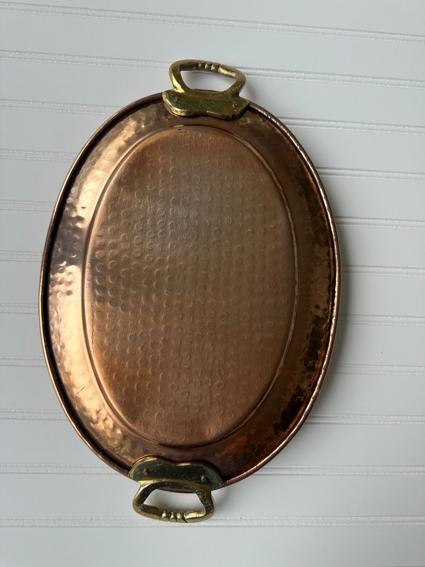 Hammered copper tray with brass handles