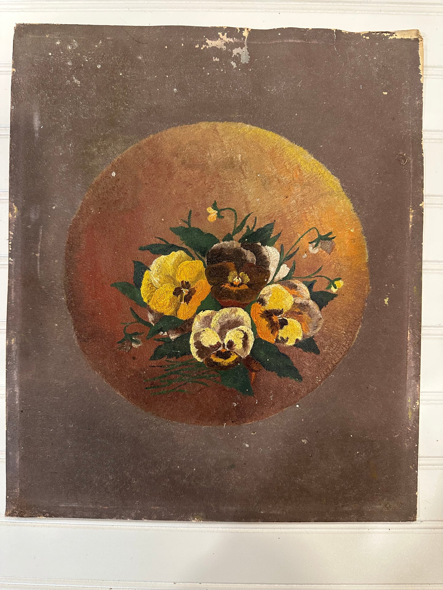 Vintage moody pansy painting on board
