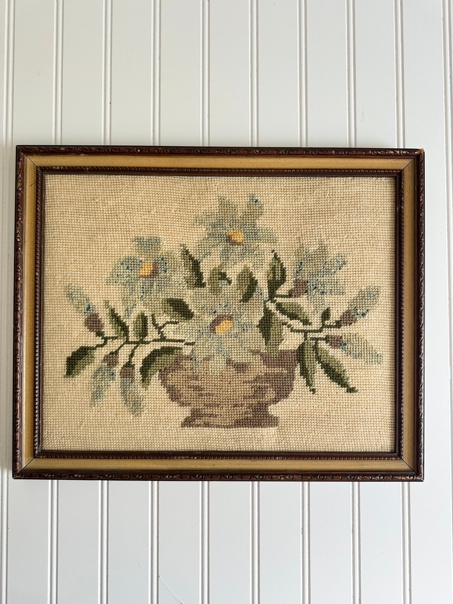 Vintage blue and green floral framed needlepoint