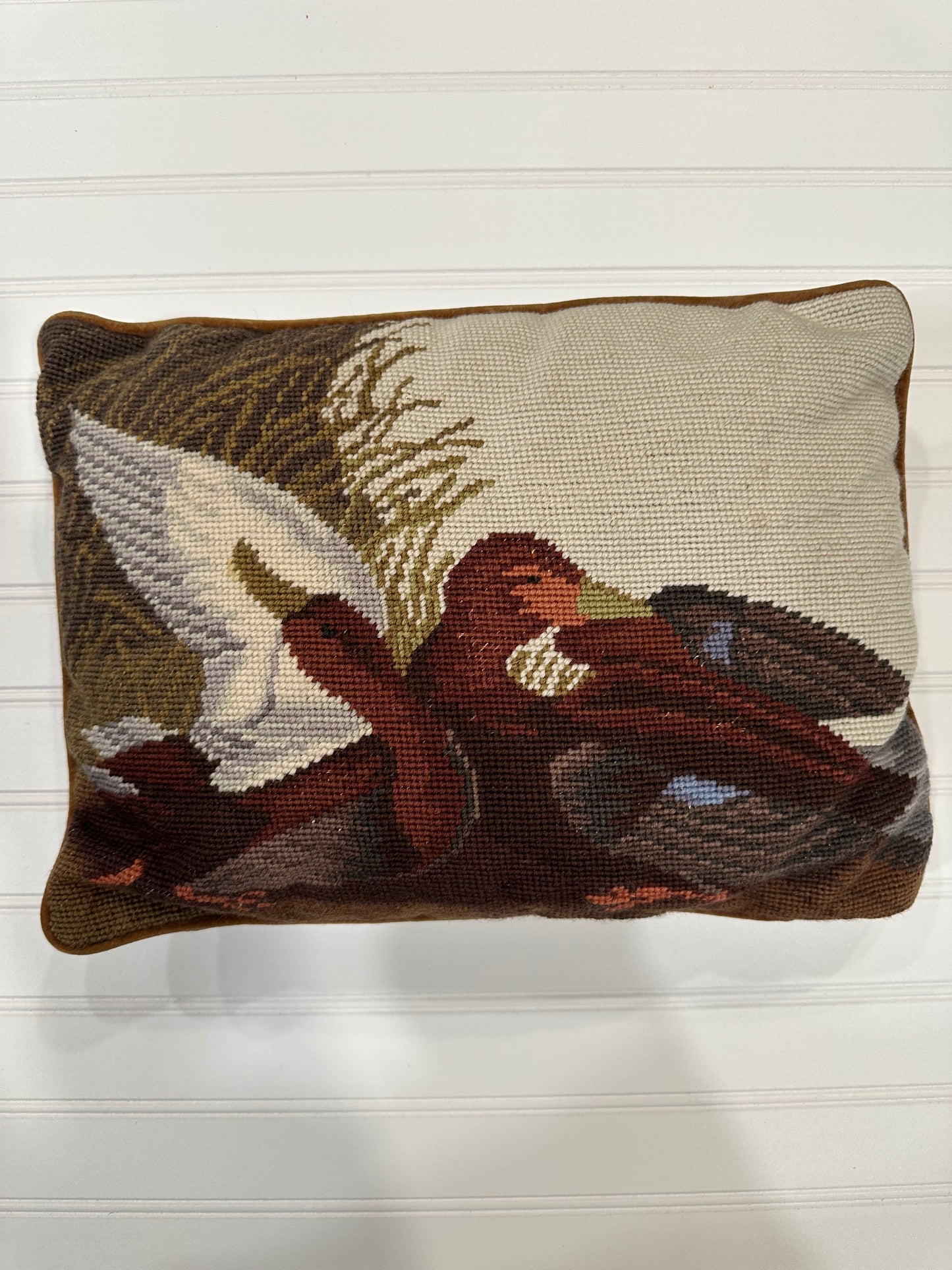 Vintage needlepoint duck pillow with velvet back