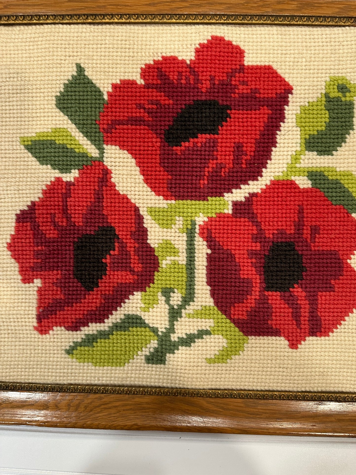 Vintage framed poppy needlepoint