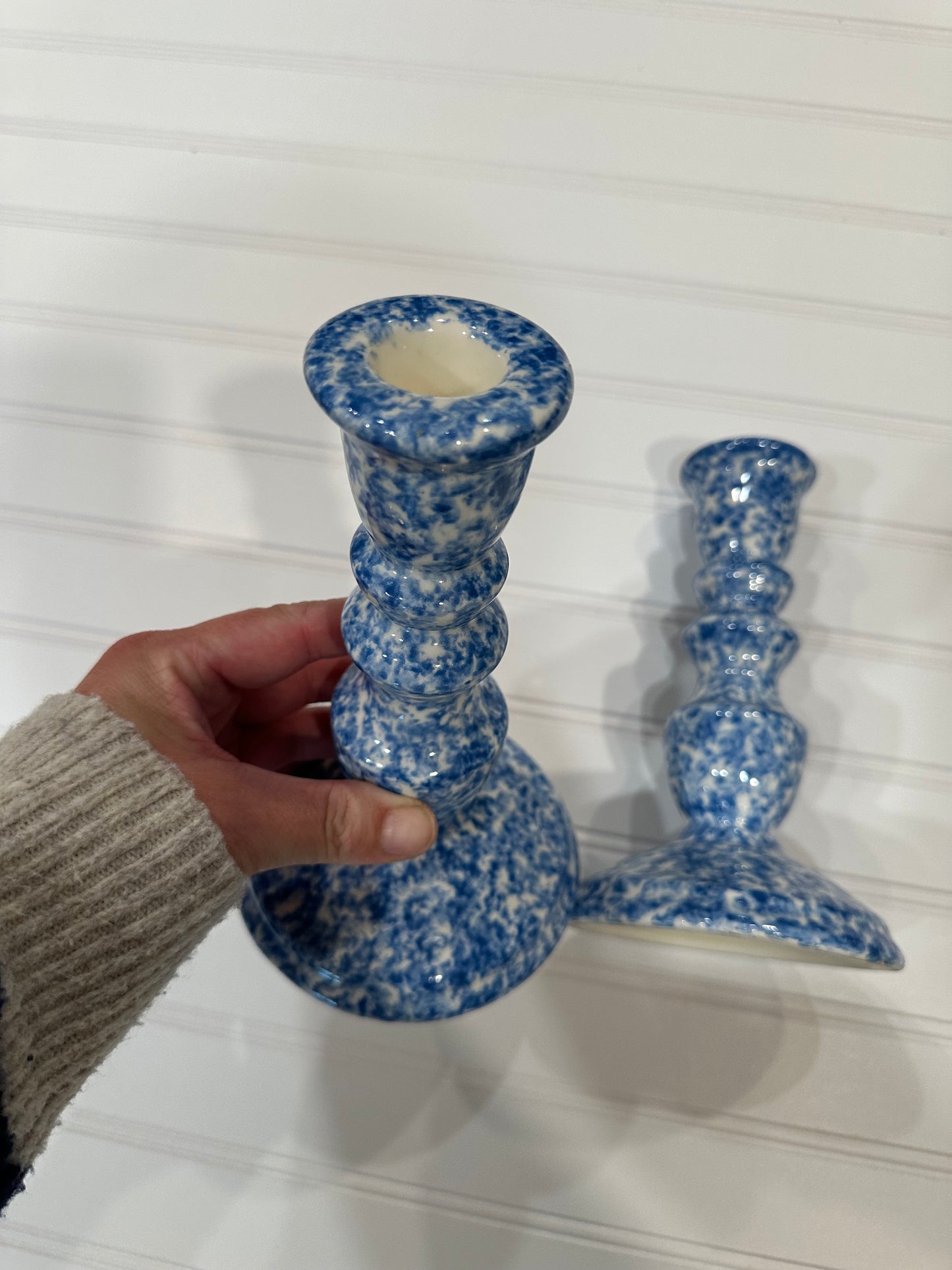 Pair of blue and white spongeware taper holders