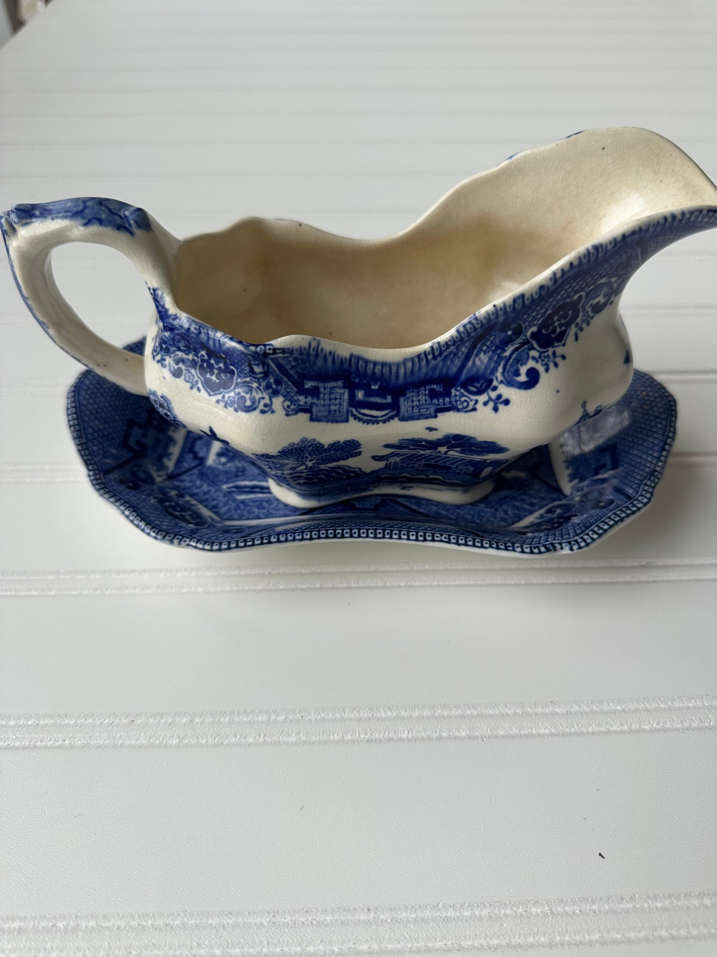Blue Willow Buffalo China antique gravy boat and plate rest