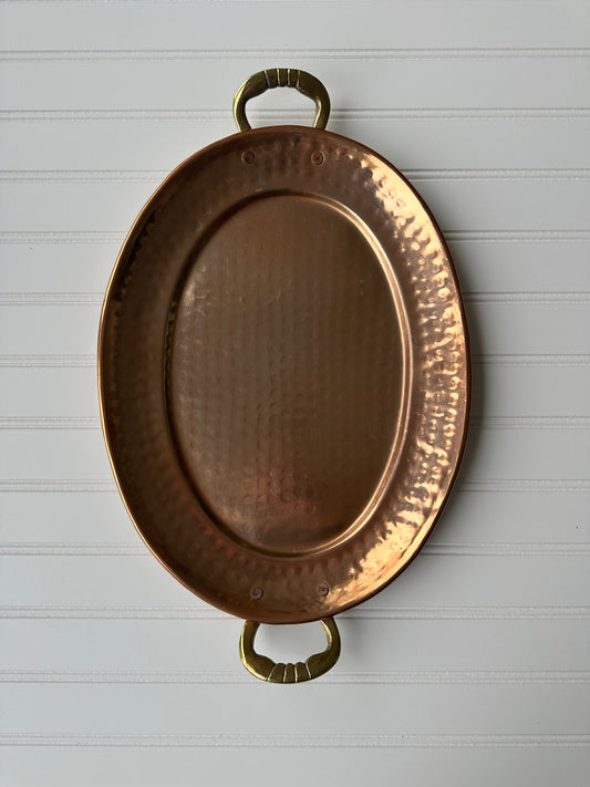 Hammered copper tray with brass handles