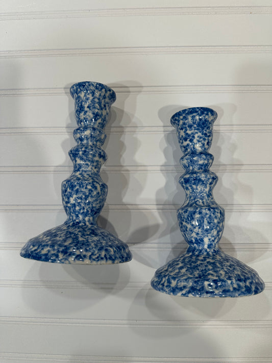 Pair of blue and white spongeware taper holders