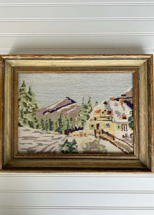 Vintage framed winter chalet and mountain scene needlepoint
