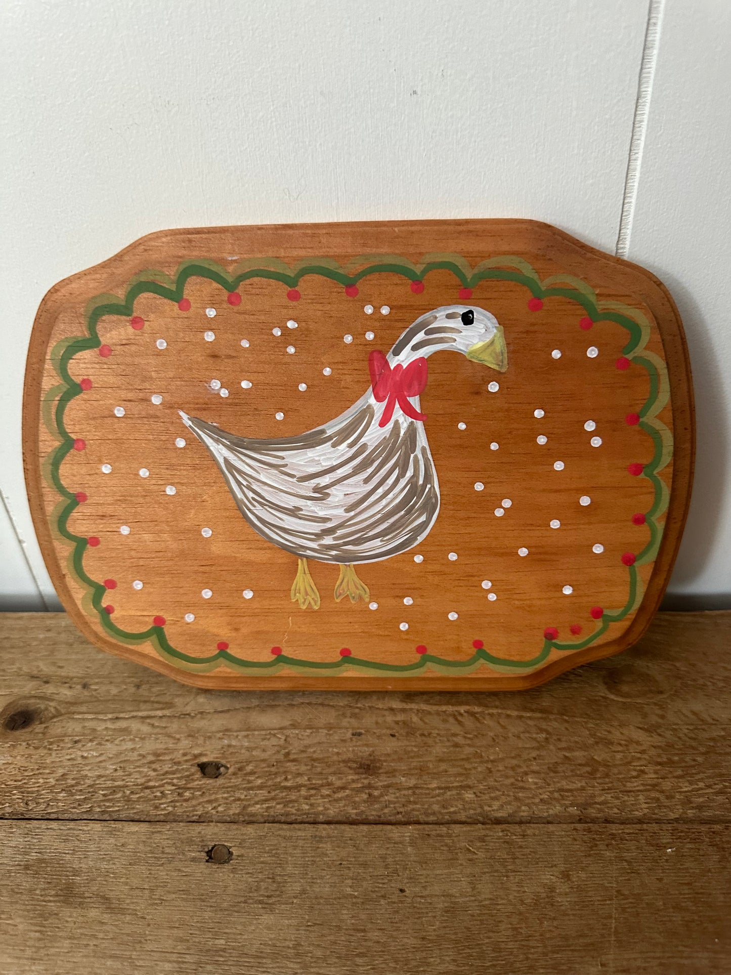 Holiday goose painting on wooden plaque