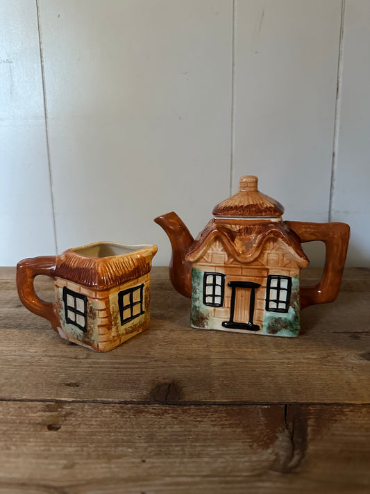 Vintage ceramic cottage teapot and creamer