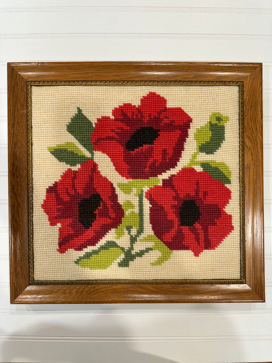 Vintage framed poppy needlepoint