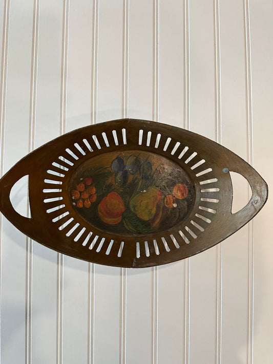 Hand painted metal bowl with still life image