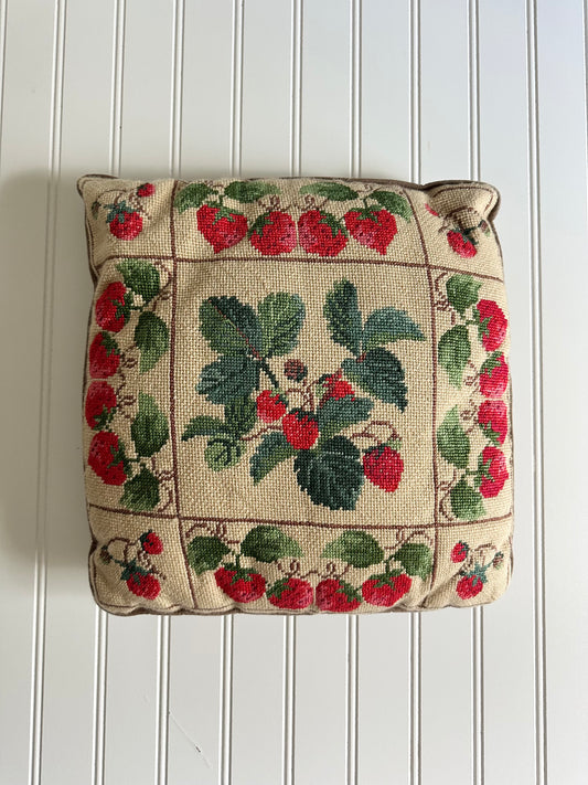 Vintage strawberry needlepoint pillow
