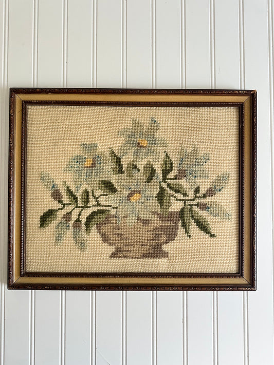 Vintage blue and green floral framed needlepoint